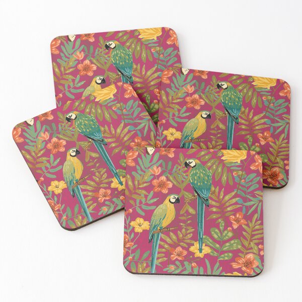 Item preview, Lush Arts and crafts parrot jungle on raspberry pink designed and sold by Anne Londez Studio.