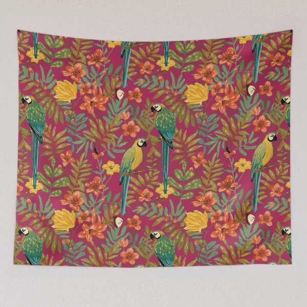 Item preview, Lush Arts and crafts parrot jungle on raspberry pink designed and sold by Anne Londez Studio.