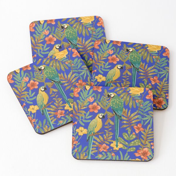 Item preview, Lush Arts and crafts parrot jungle on royal blue designed and sold by Anne Londez Studio.