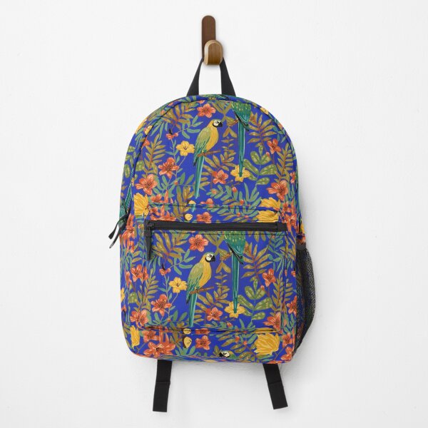 Item preview, Lush Arts and crafts parrot jungle on royal blue designed and sold by Anne Londez Studio.