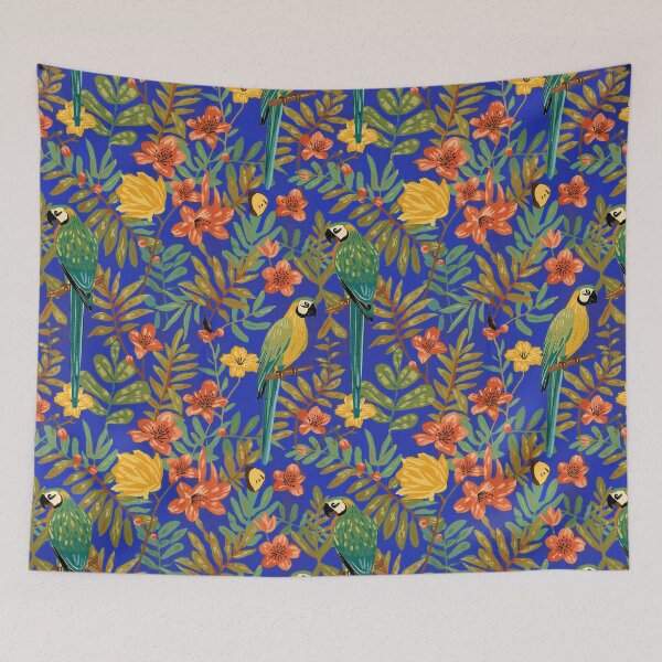 Item preview, Lush Arts and crafts parrot jungle on royal blue designed and sold by Anne Londez Studio.