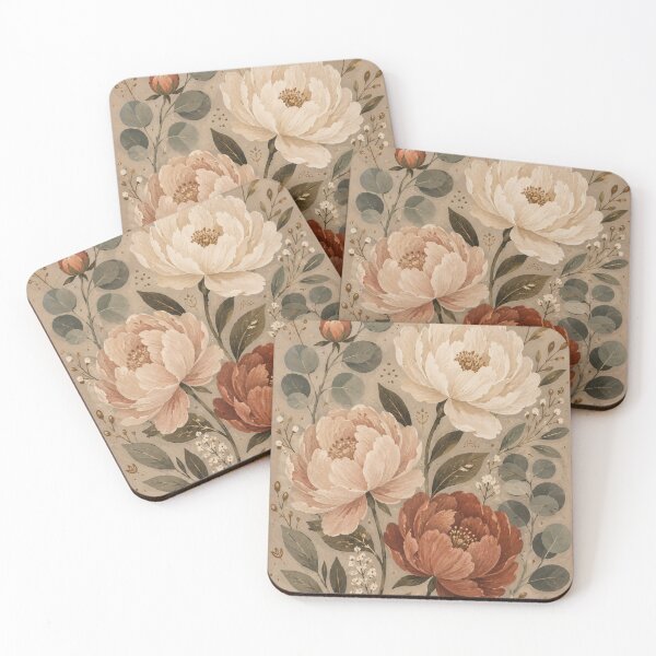 Item preview, Vintage Peony Trio - Cream Blush And Terracotta Botanical Floral Painting designed and sold by Jozefin's Studio.