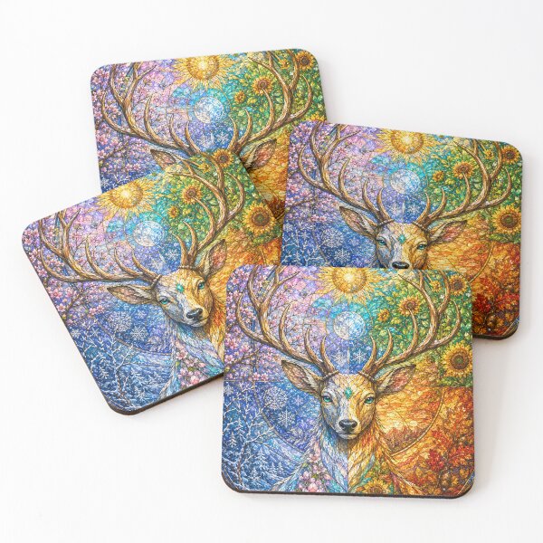 Item preview, The Stag of the Four Seasons – Mystical Guardian in Stained Glass designed and sold by Pixel Otaku Gallery.