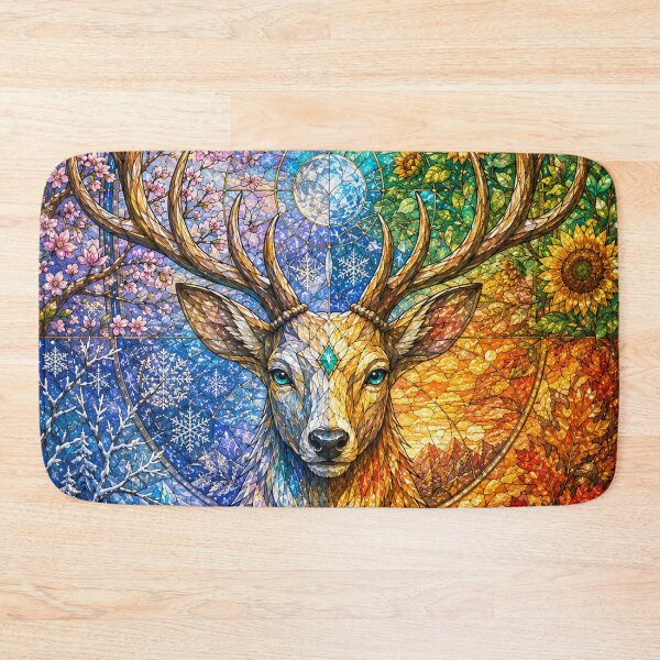 Item preview, The Stag of the Four Seasons – Mystical Guardian in Stained Glass designed and sold by Pixel Otaku Gallery.