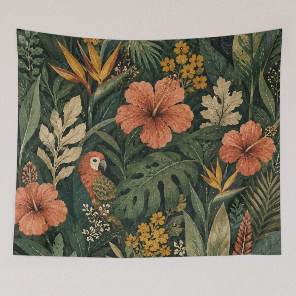 Item preview, Tropical Jungle And Parrots - Hibiscus Monstera And Toucan Vintage Botanical designed and sold by Jozefin's Studio.