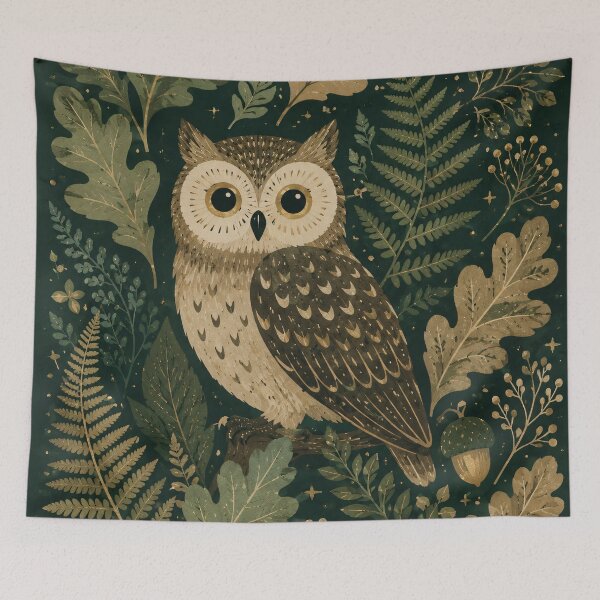 Item preview, Vintage Woodland Owl - Oak Leaves Fern And Moon Folk Art Painting designed and sold by Jozefin's Studio.