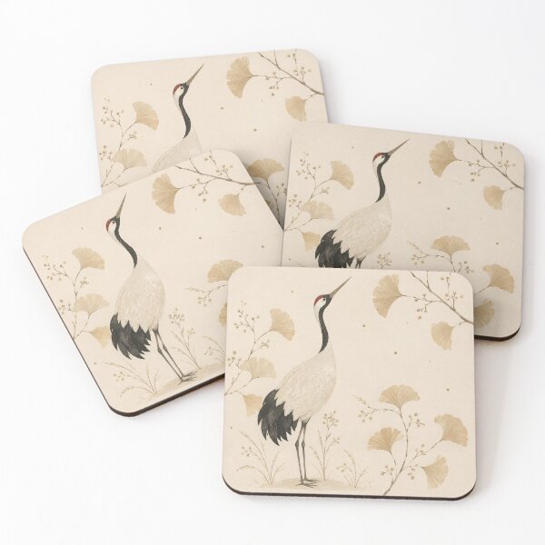 Item preview, Japanese Crane And Golden Ginkgo - Japandi Minimal Wabi Sabi Painting designed and sold by Jozefin's Studio.