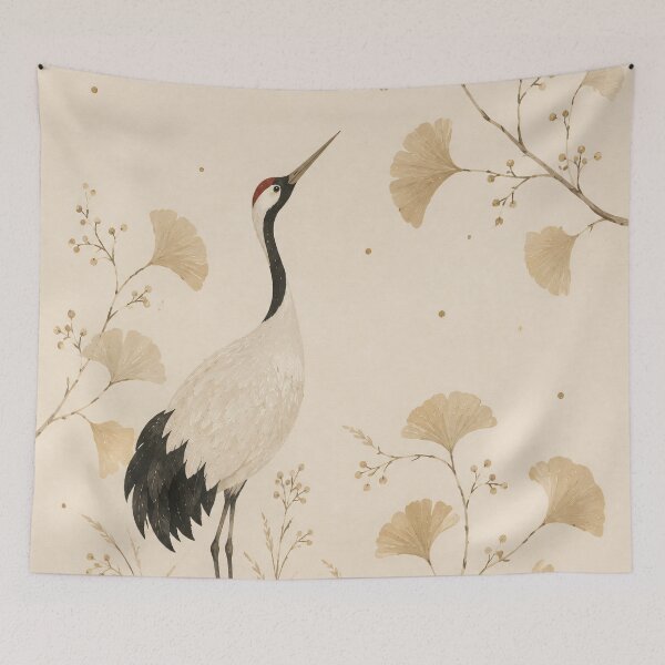 Item preview, Japanese Crane And Golden Ginkgo - Japandi Minimal Wabi Sabi Painting designed and sold by Jozefin's Studio.