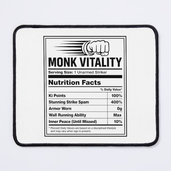Item preview, Monk Nutrition Facts - Funny RPG Martial Artist Stats Meme designed and sold by Dice_Goblin_Studio.