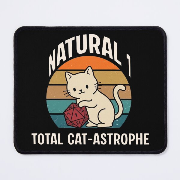 Item preview, Natural 1 Total Catastrophe - 70s Retro Sunset D20 Cat Meme designed and sold by Dice_Goblin_Studio.