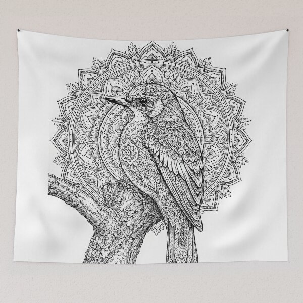 Item preview, Songbird Mandala Art | Black and White Bird Mandala Illustration | Sacred Geometry Nature Wall Art | Intricate Floral Bird Design designed and sold by suryabumblee.