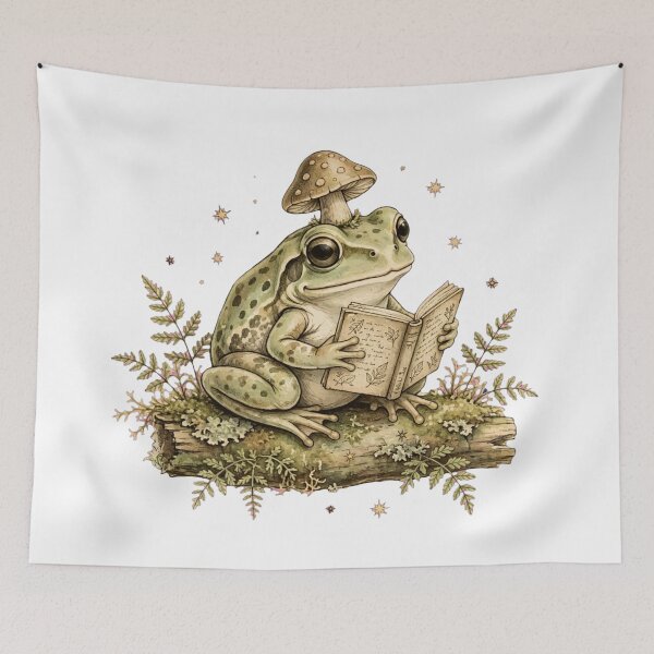 Item preview, Whimsical Myco-Librarian Frog Reading Vintage Book on Mossy Log - Cottagecore Goblincore designed and sold by LuxeBuzz.