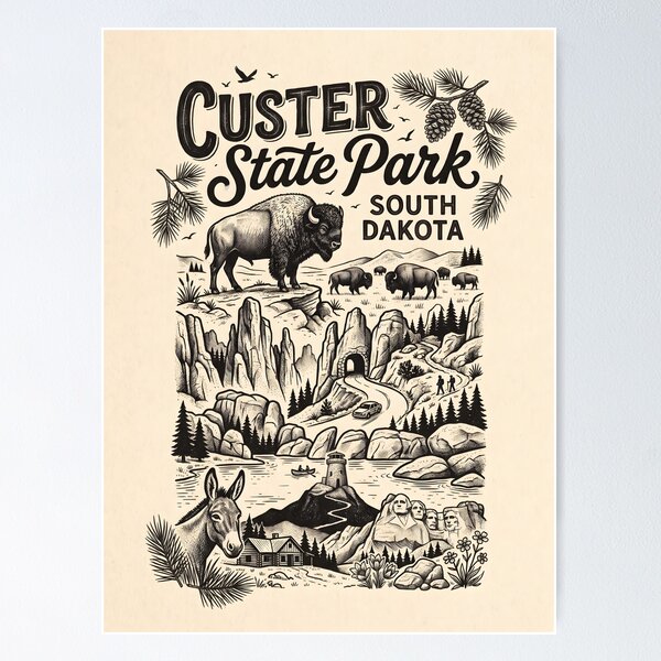 Item preview, Vintage Custer State Park South Dakota - Black and White Printmaking Illustration designed and sold by Northline Threads.