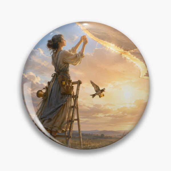 Item preview, A woman sews a sky at sunset, swallows with bobbins nearby help designed and sold by ArcaneVisionArt.