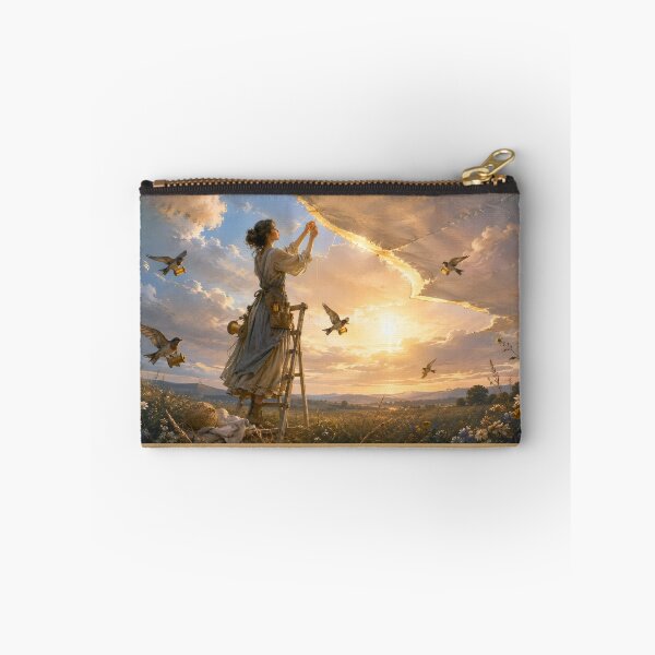 Item preview, A woman sews a sky at sunset, swallows with bobbins nearby help designed and sold by ArcaneVisionArt.