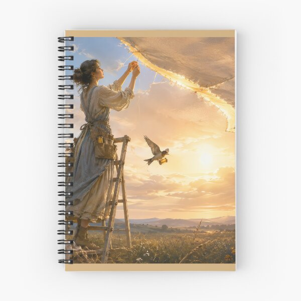 Item preview, A woman sews a sky at sunset, swallows with bobbins nearby help designed and sold by ArcaneVisionArt.