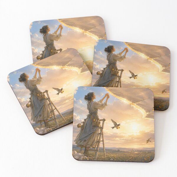 Item preview, A woman sews a sky at sunset, swallows with bobbins nearby help designed and sold by ArcaneVisionArt.