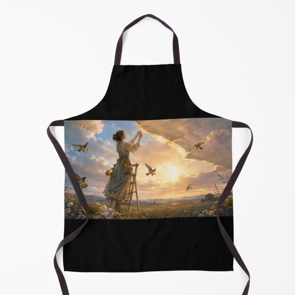 Item preview, A woman sews a sky at sunset, swallows with bobbins nearby help designed and sold by ArcaneVisionArt.