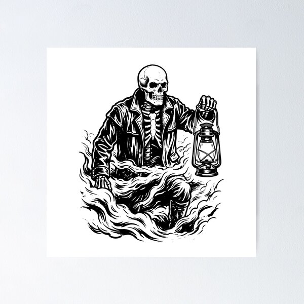 Item preview, Skeleton In Leather Jacket Holding Lantern Foggy Path Gothic Heavy Ink designed and sold by MisteryDesigner.