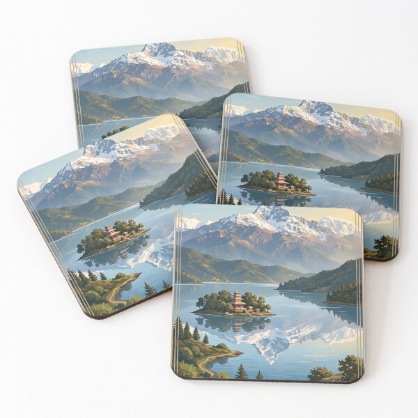 Item preview, Pokhara Nepal Vintage Travel Illustration – Phewa Lake & Himalayas designed and sold by Bomax121.