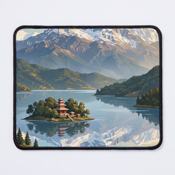 Item preview, Pokhara Nepal Vintage Travel Illustration – Phewa Lake & Himalayas designed and sold by Bomax121.