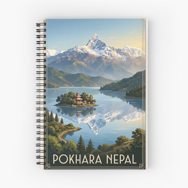 Item preview, Pokhara Nepal Vintage Travel Illustration – Phewa Lake & Himalayas designed and sold by Bomax121.