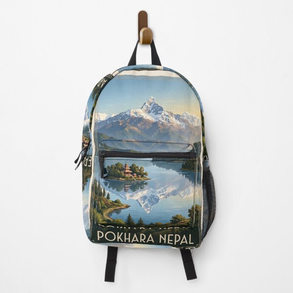 Artikelvorschau, Pokhara, Nepal – Vintage-Reiseillustration: Phewa-See und Himalaya entworfen und verkauft von Bomax121.
