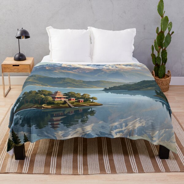 Item preview, Pokhara Nepal Vintage Travel Illustration – Phewa Lake & Himalayas designed and sold by Bomax121.