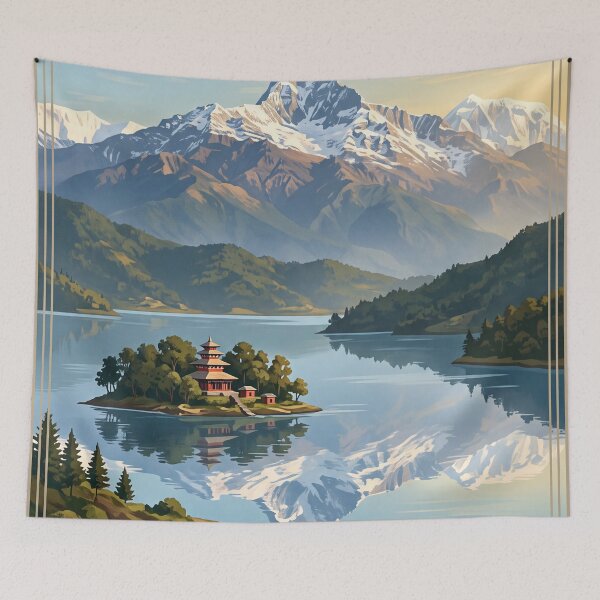 Item preview, Pokhara Nepal Vintage Travel Illustration – Phewa Lake & Himalayas designed and sold by Bomax121.