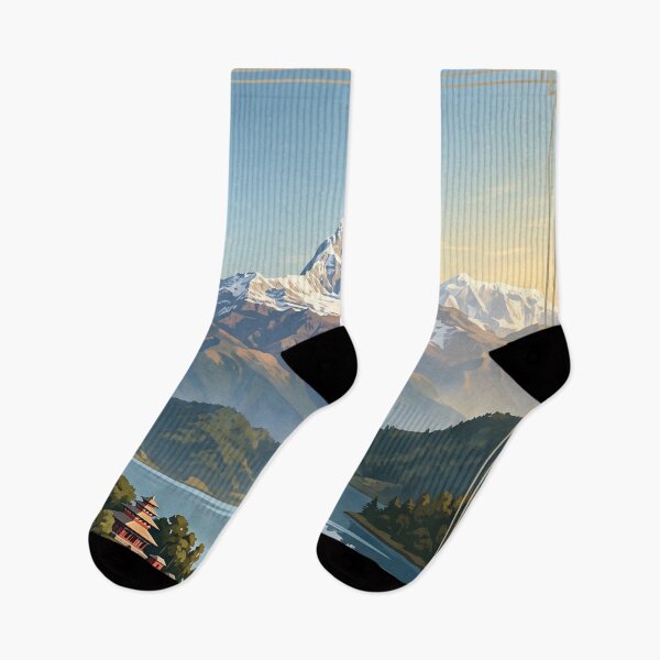 Item preview, Pokhara Nepal Vintage Travel Illustration – Phewa Lake & Himalayas designed and sold by Bomax121.