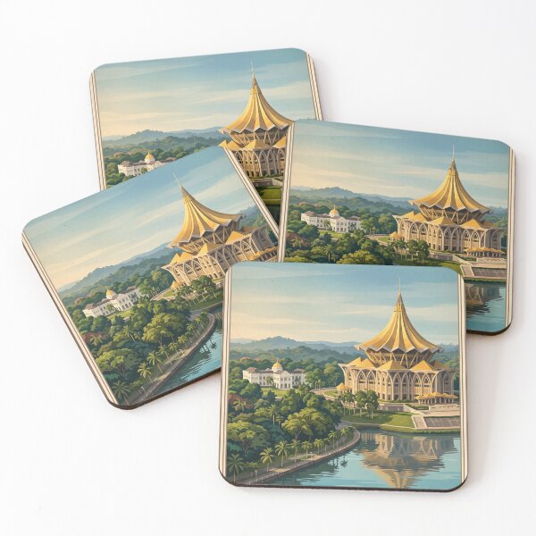Item preview, Kuching Malaysia Vintage Travel Art – Waterfront, Darul Hana Bridge & Astana designed and sold by Bomax121.