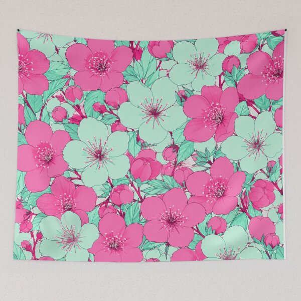 Item preview, Pink and Mint Cherry Blossom Floral Pattern designed and sold by Owcomm.