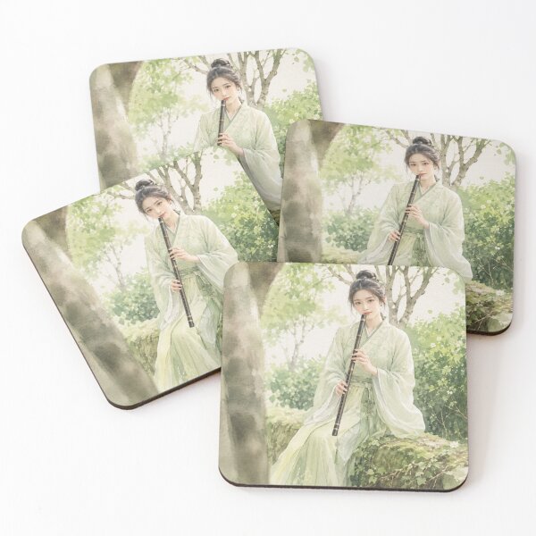 Item preview, Beautiful Watercolor Hanfu Girl with Flute Chinoiserie Art designed and sold by PastelPetalsCo.