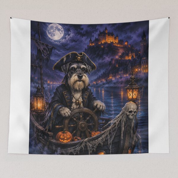 Item preview, Schnauzer sailing the Rhine River in a ghost boat at night designed and sold by Nomad-Paws.