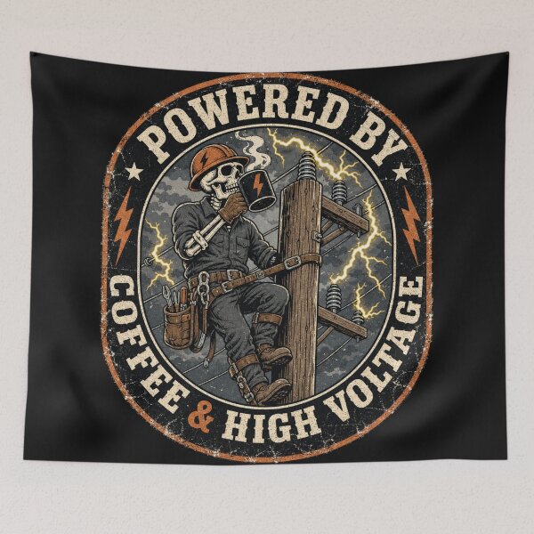 Item preview, Powered By Coffee And High Voltage Lineman Funny Burnout Meme designed and sold by BestCoolStuff.