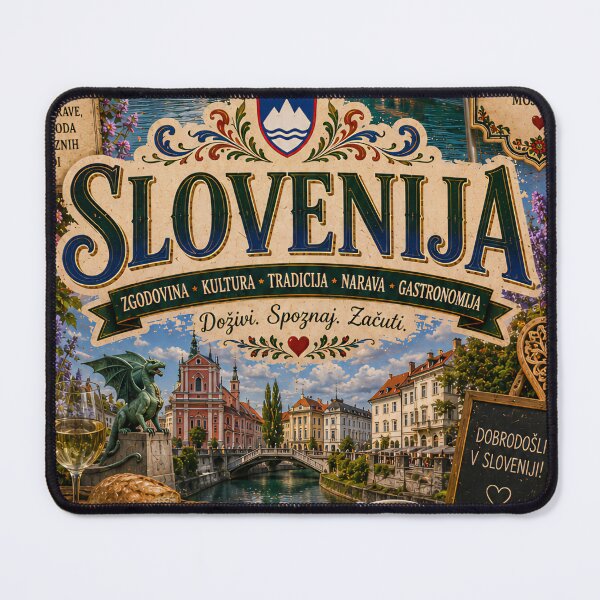 Item preview, Slovenia Travel Poster | Lake Bled Castle Dragon & Alpine Cuisine Art designed and sold by alexcorporation.