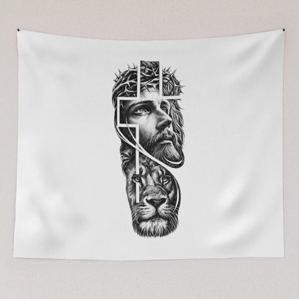Item preview, Jesus Christ and Lion of Judah Cross Christian Tattoo Art designed and sold by RoyalDeluxGo.