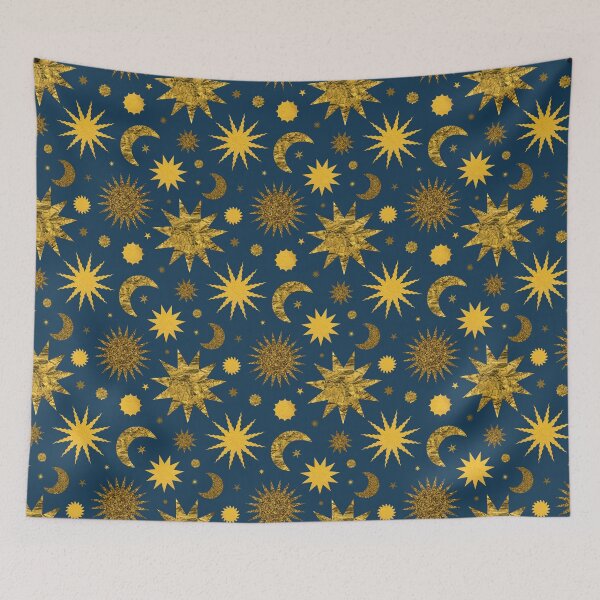 Item preview, Gold Textured Sun Moon and Stars in Poseidon Blue designed and sold by YesterdayColl.