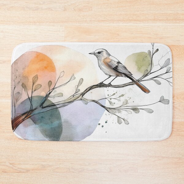 Item preview, Watercolor botanical painting bird on branch fall colours minimalist abstract drawing  designed and sold by navitalidesign.