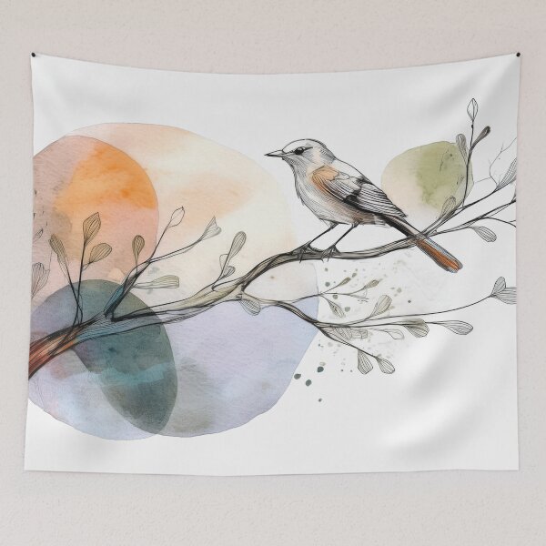 Item preview, Watercolor botanical painting bird on branch fall colours minimalist abstract drawing  designed and sold by navitalidesign.