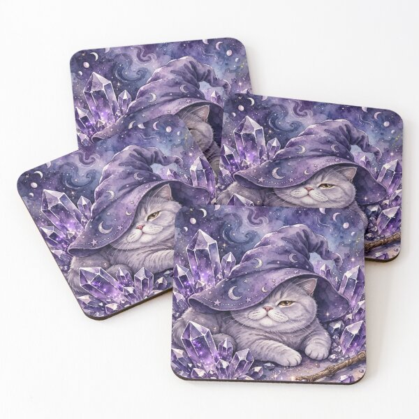 Item preview, Mystical Wizard Cat with Amethyst Crystals and Moon Phases designed and sold by Moody Vibes Studio.