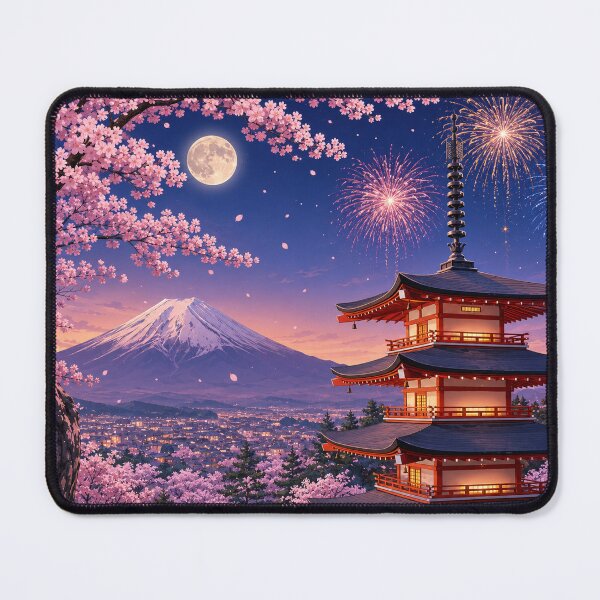 Item preview, Chureito Pagoda under the full moon and fireworks designed and sold by Pixel Sakura Gallery.
