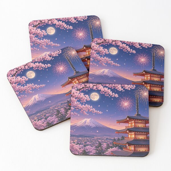 Item preview, Chureito Pagoda under the full moon and fireworks designed and sold by Pixel Sakura Gallery.