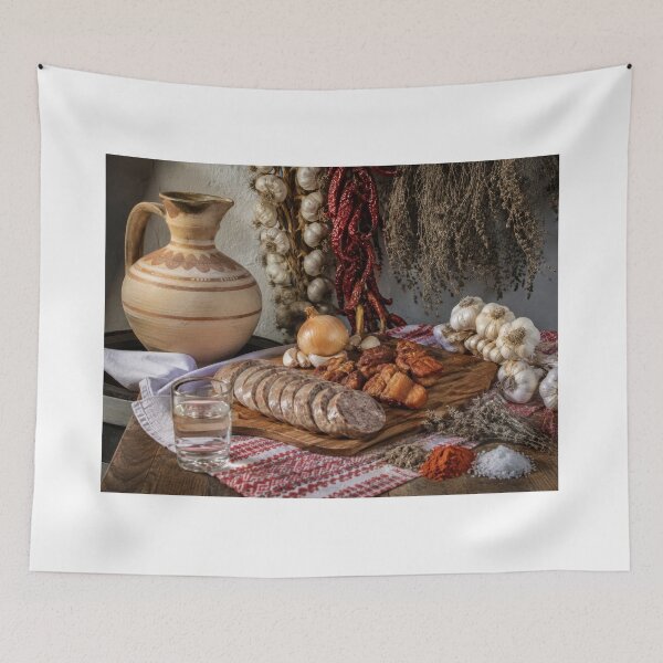 Item preview, Traditional Romanian Rustic Food with Sausage, Garlic and Clay Jug designed and sold by DansCreations42.