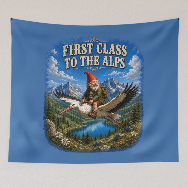 Item preview, First Class to the Alps – Funny Gnome Riding a Stork | Vintage Alpine Adventure. designed and sold by Alpine-Ink.
