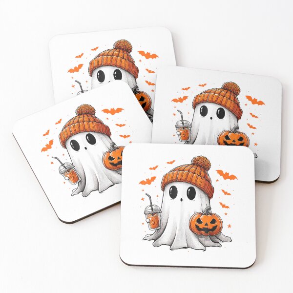 Item preview, Cute Ghost Drinking Ice Coffee Halloween Pumpkin Mens Womens T-Shirt designed and sold by PrintWaveMagic.