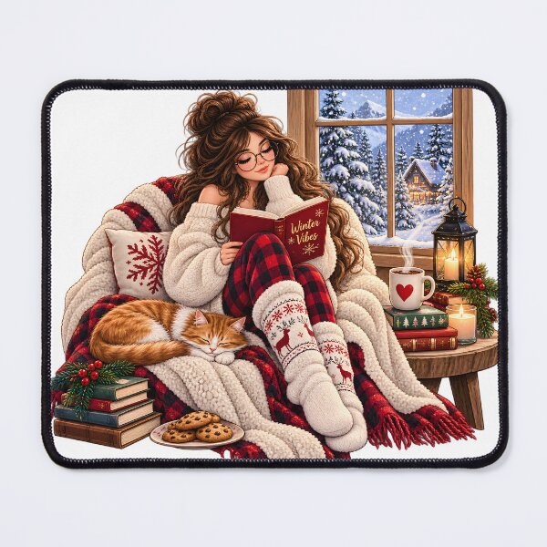 Item preview, Cozy Winter Reading Girl with Cat and Hot Cocoa designed and sold by TinyWeird.