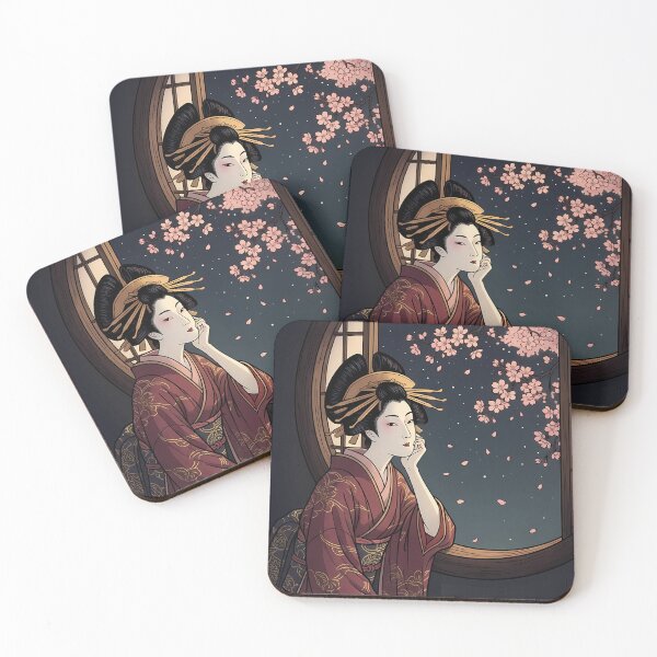 Item preview, Geisha Looking at Night Sakura Through Circular Window designed and sold by TokyoUkiyoHouse.