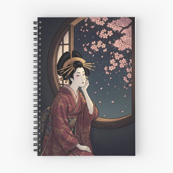 Item preview, Geisha Looking at Night Sakura Through Circular Window designed and sold by TokyoUkiyoHouse.