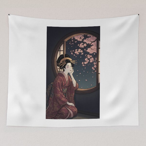 Item preview, Geisha Looking at Night Sakura Through Circular Window designed and sold by TokyoUkiyoHouse.